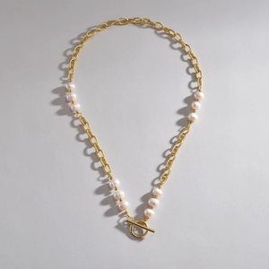 French style 14K gold plated necklace with pearls and vintage textured OT buckle