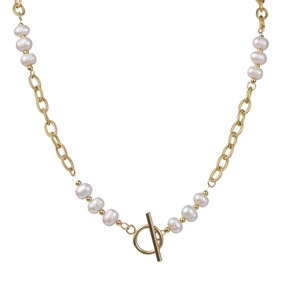 French style 14K gold plated pearl necklace with stainless steel OT clasp and chunky chain