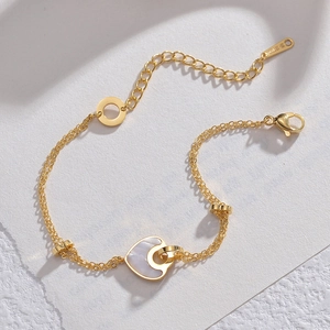 Bracelet double chaîne en acier inoxydable plaqué or 14K avec pendentif coeur en nacre