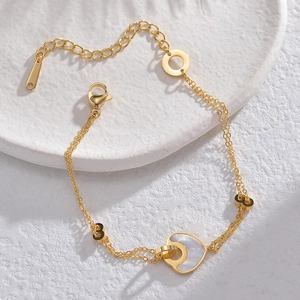 Bracelet Double Couche Pour Femmes En Acier Inoxydable Plaqué Or 14K Style Français Minimaliste Pendentif Cœur Nacre Blanche