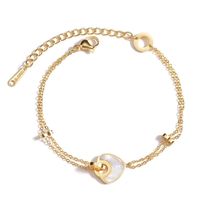 Bracelet double chaîne en acier inoxydable plaqué or 14K avec pendentif cœur blanc