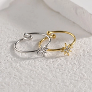 Bague Fleur Étoile Octogonale En Acier Inoxydable Incrustée De Zircon Anneau Réglable Style Français Bijoux Pour Femmes