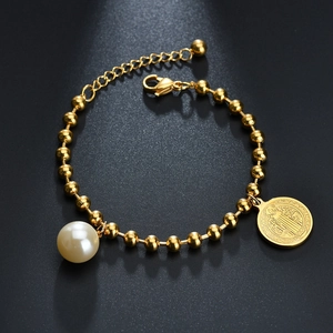Bracciale Con Medaglia Di San Benedetto In Acciaio Inossidabile Catena A Sfere Con Perla Artificial Finta Gioielli Religiosi
