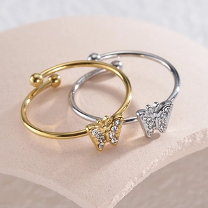 Shiny Butterfly Open Ring Stainless Steel Adjustable Finger Jewelry With Cubic Zirconia For Women French Light Luxury Style