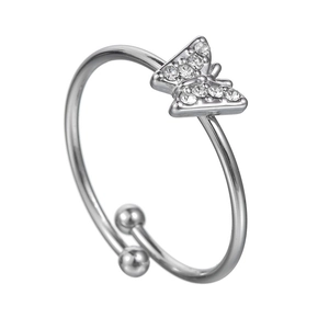 Polished silver stainless steel butterfly ring with zircon pavé and adjustable band