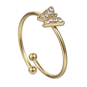 Detailed close-up of adjustable butterfly ring with sparkling crystals and gold finish
