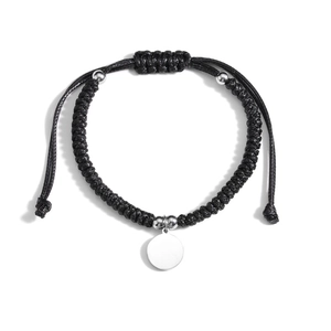 Bracelet cordon noir ajustable avec pendentif rond minimaliste en acier inoxydable
