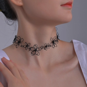 French style hollow flower choker necklace in black gothic woven lace design for women