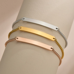 Stainless Steel Bracelet Adjustable Slider Clasp Box Chain Polished Curved Blank Bar ID Plate Minimalist Jewelry Women Kids