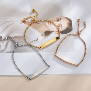 Adjustable stainless steel bar bracelets in gold, silver, and rose gold finishes