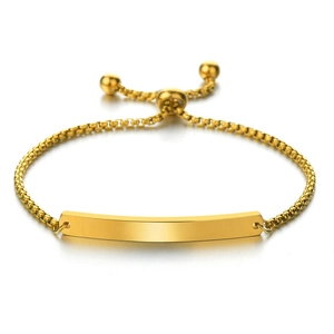 Polished gold stainless steel adjustable bolo bracelet with engravable curved bar plate