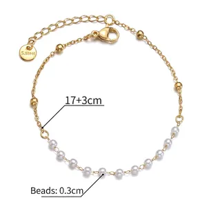 Gold stainless steel chain bracelet with 3mm white pearls and adjustable 17+3cm extender