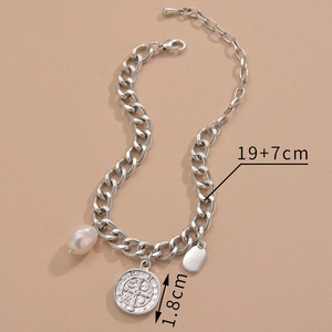 Retro stainless steel chain bracelet with pearl and cross medal pendant, 19+7cm length