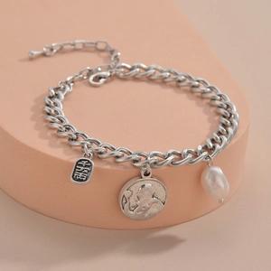 Vintage silver steel bracelet with coin relief, pearl and square charms for men and women