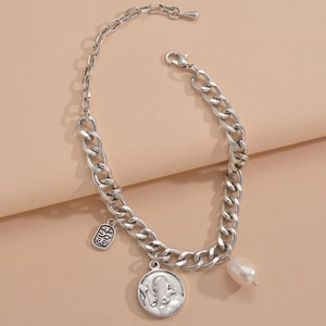 Retro titanium steel chain bracelet with character tag, coin pendant and freshwater pearl