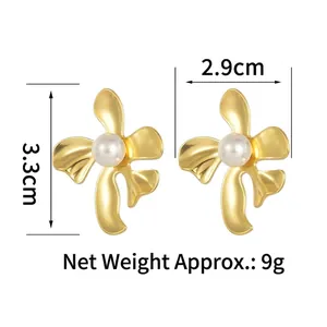 Golden oversized flower earrings with pearl center including 3.3cm size dimensions