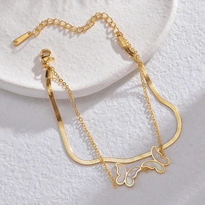 Zweilagiges Schmetterlings Armband Edelstahl 14K Vergoldet Perlmutt Charms Minimalistischer Schmuck Damen
