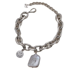 Minimalist silver chain bracelet with large baroque pearl, smiley face and heart pendant