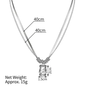 Double layer necklace with square zircon pendant and 40cm chain size details