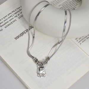Stainless Steel Double Layered Necklace Square Cubic Zirconia Geometric Pendant Trendy Ins Style Choker For Women