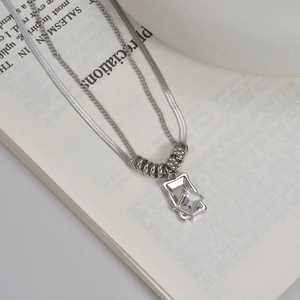 Silver double-layer square zircon pendant necklace with snake chain for modern women