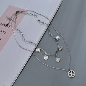 Double layer silver stainless steel necklace with smiley face and round hollow pendants