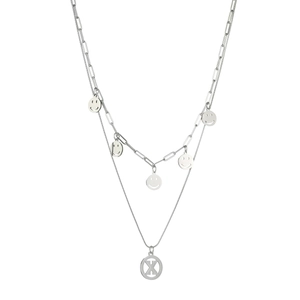 Double-layered stainless steel necklace with smiley face charms and letter X pendant
