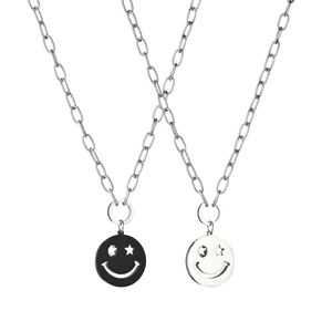 Colliers avec pendentif smiley style hip-hop en acier inoxydable noir et argent pour couples