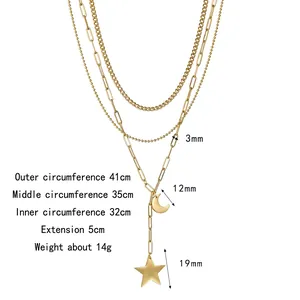 Minimalist gold triple layered necklace with star and moon charms in stainless steel