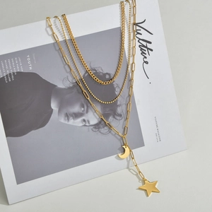 Stainless Steel Multi Layered Necklace For Women Trendy Gold Star And Moon Pendant Clavicle Chain Minimalist Jewelry