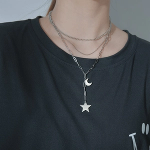 Three-layer silver stainless steel star and moon pendant necklace for women