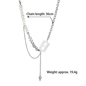 Minimalist pearl necklace with titanium steel splicing chain and razor blade pendant 36cm