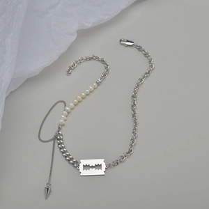 Razor Blade Pendant Spike Artificial Pearl Necklace Stainless Steel Splicing Chain Punk Gothic Hip Hop Jewelry For Women