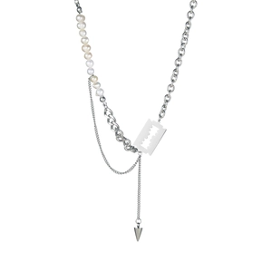 Minimalist pearl and titanium steel chain necklace with silver blade and cone pendants