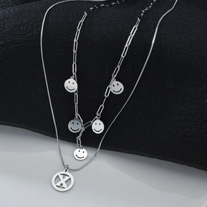 Minimalist Double Layer Necklace Stainless Steel Smiley Face And Letter X Pendant Paperclip Snake Chain Streetwear Women