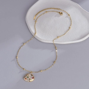 14K gold plated stainless steel necklace with seashell pendant and colorful crystals