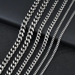 Detail showing five different widths of flat silver Cuban link chains on black leather