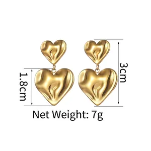 French style gold heart earrings with irregular pleated texture and 3cm dimension details