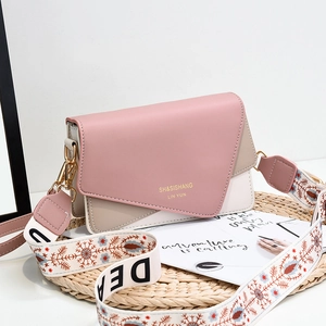 Fashionable color-block small square bag with floral wide strap and gold hardware accents
