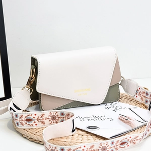 Women Fashion Color Block Crossbody Bag PU Leather Small Square Messenger Bag With Embroidery Wide Strap Casual Shoulder Bag