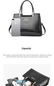 Black crocodile pattern tote bag with large capacity for umbrella and phone