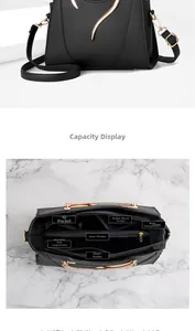 Détails de l'intérieur du sac à main en cuir PU noir avec compartiments et métal doré