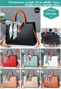 Detail view of large crossbody tote bag in 7 colors with floral scarf and dimensions