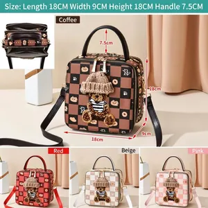 Sac à bandoulière à carreaux avec motif ours en quatre couleurs, taille 18x9x18cm chic