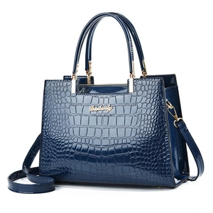 Deep blue faux crocodile leather crossbody bag with dual handles and gold Danbaoly logo