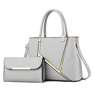 Ensemble sac à main gris en similicuir avec détails dorés et petit portefeuille assorti