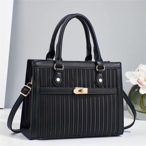 Fashion Women Pleated Striped Handbag Large Capacity PU Leather Shoulder Crossbody Bag With Metal Lock Gold Hardware