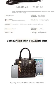Detail view of large capacity PU leather handbag with cat charm and inner dimensions