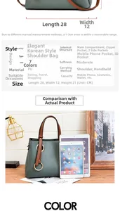 Detailed internal structure and dimensions of 28cm contrast color bucket shoulder bag