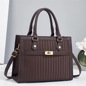 Deep brown pleated handbag with golden hardware and adjustable shoulder strap for women